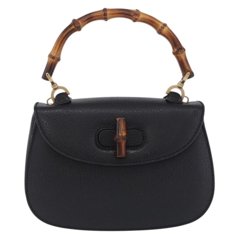 Gucci Vintage Convertible Bamboo Top Handle Leather Black Leather Handbag